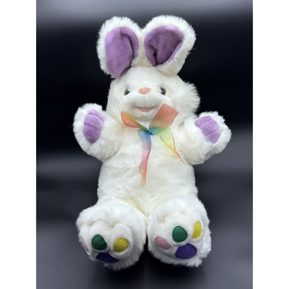 22" RARE VTG BETA TOYS WHITE BUNNY RABBIT STUFFED ANIMAL PLUSH W/ RAINBOW EASTER
